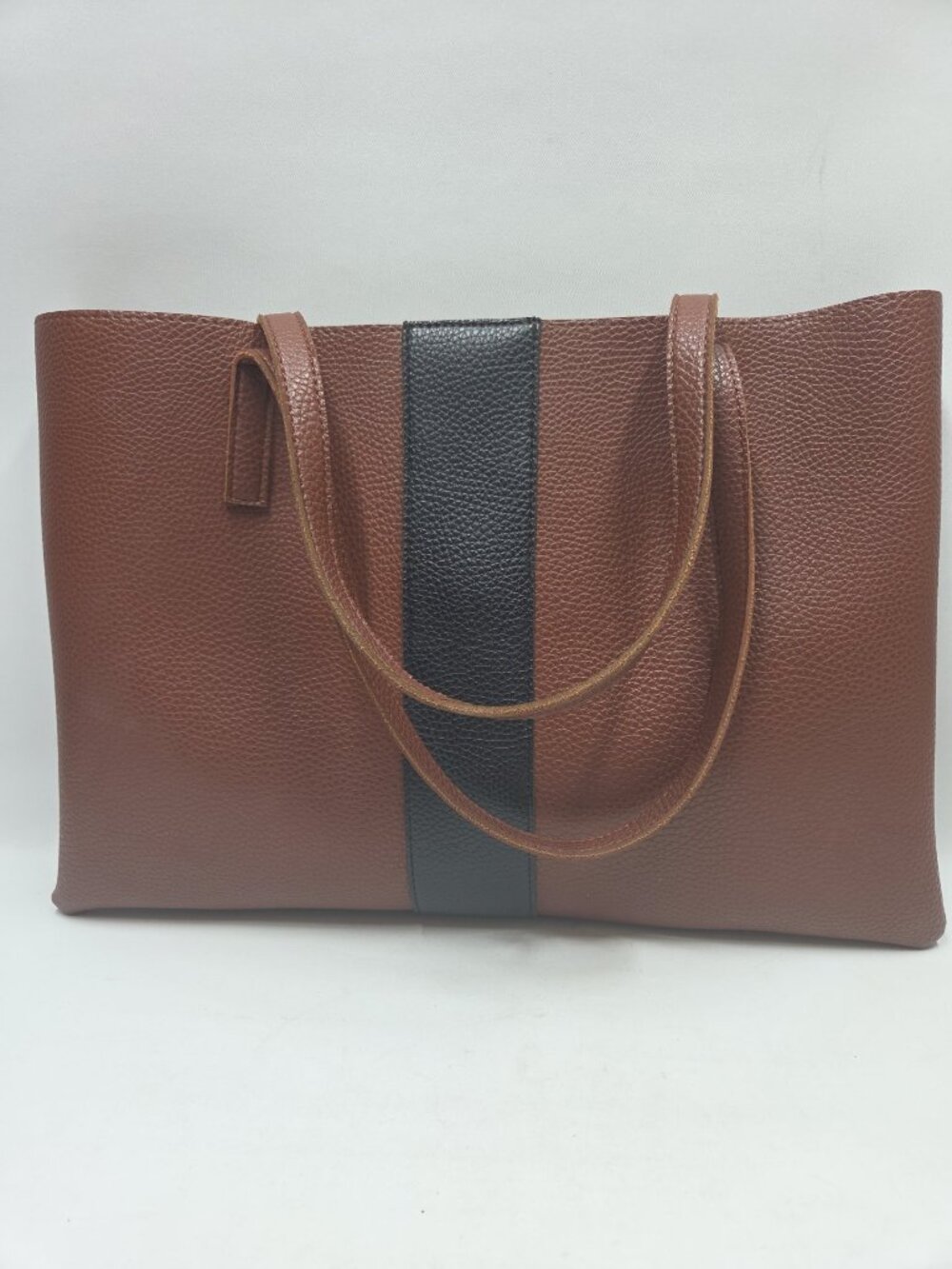Vince Camuto Brown Black Stripe Pebbled Vegan Leather Tote Bag Handle Pocket